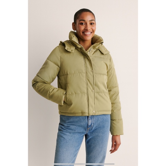 FOREVER 21 PUFFER JACKET REMOVABLE HOOD ZIP SNAP FRONT FAUX LEATHER LOOK L - Picture 1 of 11